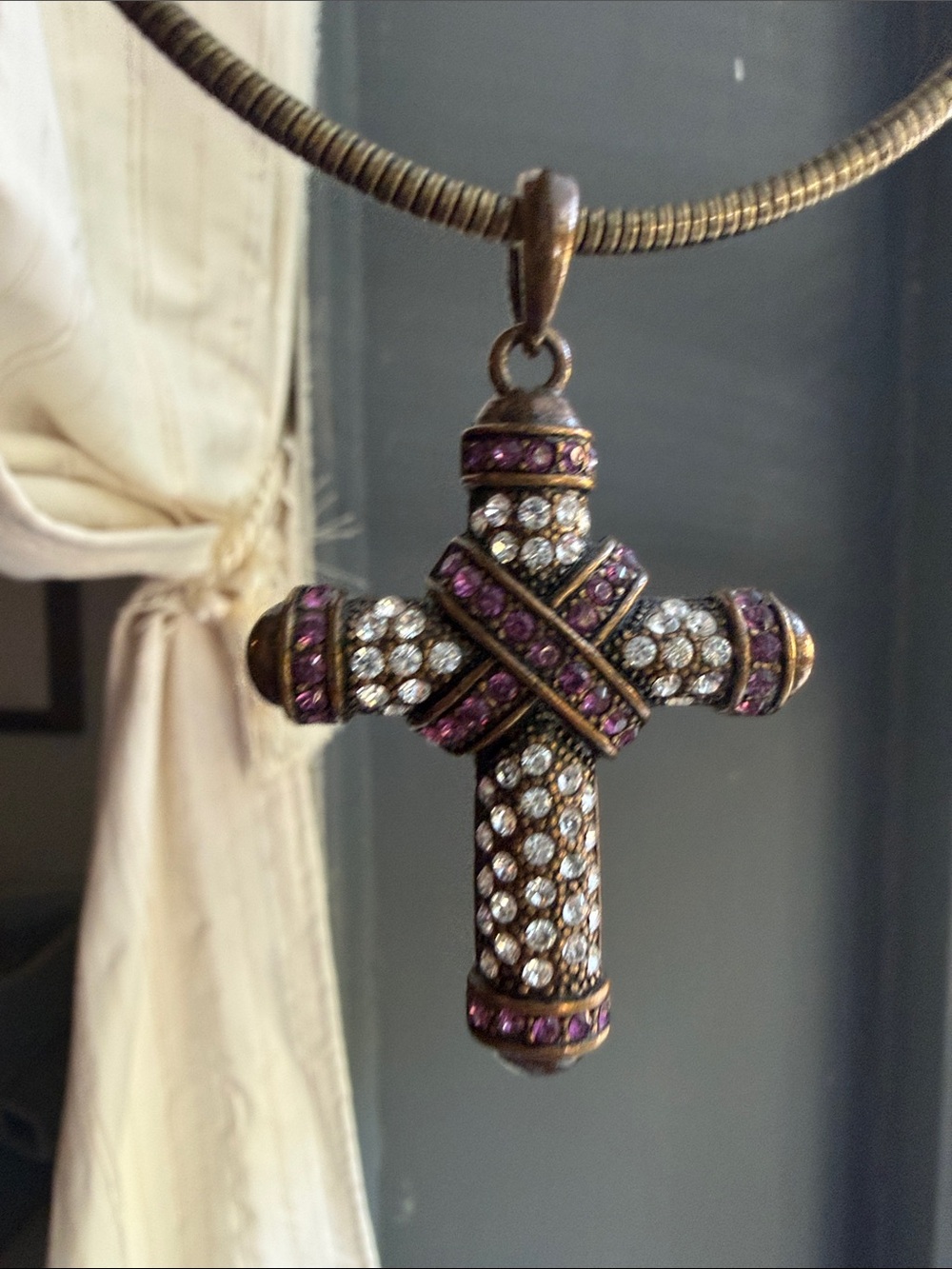Vintage-Inspired Crystal Cross Pendant Necklace - Purple and Clear